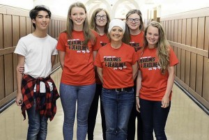 Georgia Stohr is surrounded at school April 30 by her five journalism state finalists on the eve of the IHSA journalism tournament in Charleston. From left: Austin Hernandez, Stephanie Bias, Kaitlyn Anthony, Stohr, Shelby Testa, Bethany Black. 