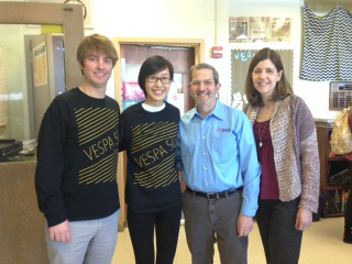 Hinsdale South senior Ashley Yong (second from left), with her adviser, Jim Kelly (far left), after she received the news that she was named the 2015 Illinois Journalist of the Year. The bearers of those good tidings were IJEA board members Stan Zoller (second from right) and Brenda Field. Zoller is national JEA's East Region director, and Field is JEA's Illinois state director.  