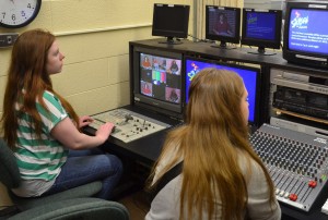 Technical director Katie Frietsch and audio engineer Sierra Huerta produce a Richwoods broadcast using some of the equipment that teacher Dan Kerns is ready to donate to another school. 