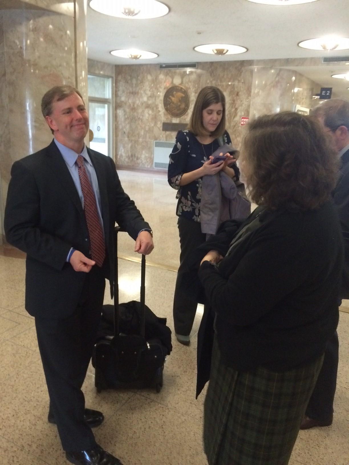 SPLC Executive Director Frank LoMonte chats with IJEA Executive Director Sally Renaud on April 6 in the Capitol.